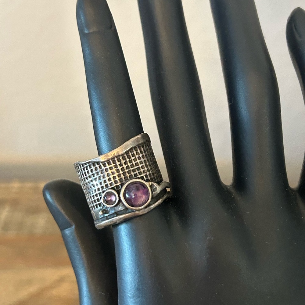 Textured Silver Band Ring with Purple Gemstones